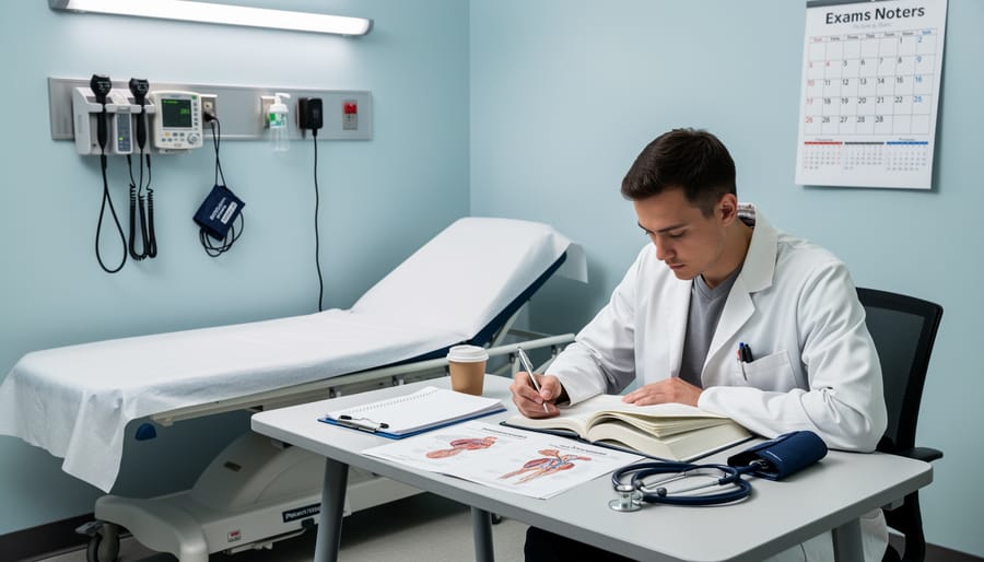 Stethoscope and medical items on a hospital counter with an exam room doorway in the background