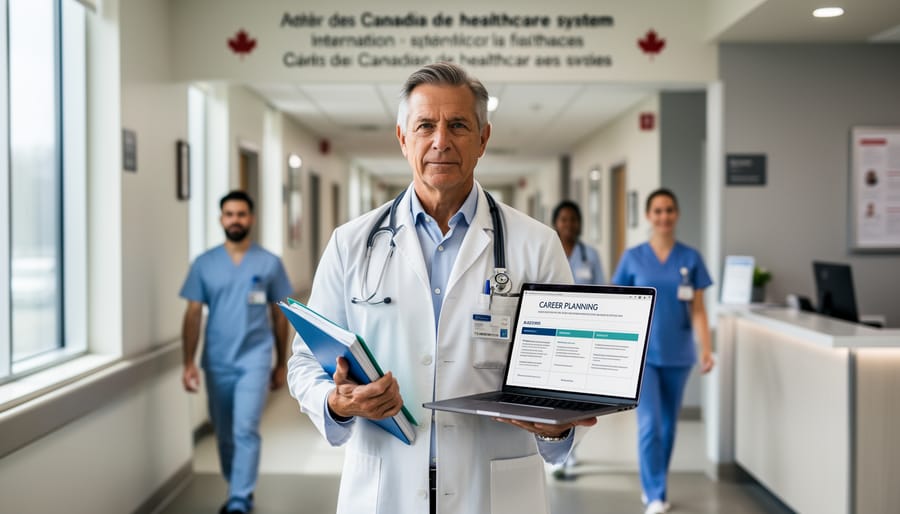 International medical graduate at a clinic hallway holding a folder and stethoscope
