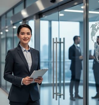 “An international medical professional in business attire in front of a modern healthcare facility lobby, representing cross-border work opportunities under an intracompany transfer visa.”