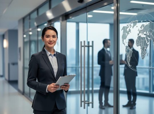 “An international medical professional in business attire in front of a modern healthcare facility lobby, representing cross-border work opportunities under an intracompany transfer visa.”