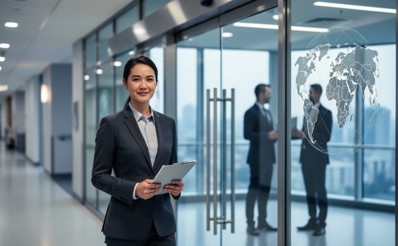 “An international medical professional in business attire in front of a modern healthcare facility lobby, representing cross-border work opportunities under an intracompany transfer visa.”