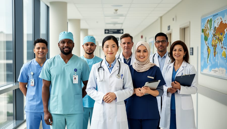 Multicultural medical team standing in a modern hospital lobby, collaborating with documents and a shared plan.