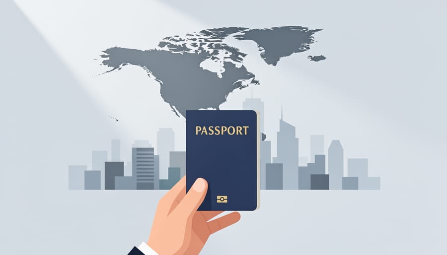 Traveler holding a passport near a bright airport entrance looking toward an international concourse.