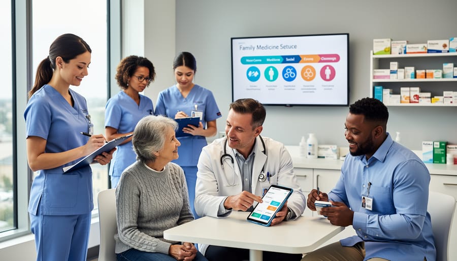 Family physician and healthcare team consulting with a patient in a community health clinic