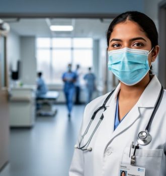 International medical graduate physician in a hospital corridor in Canada, wearing a lab coat and mask, shown in sharp focus with a blurred clinic background.