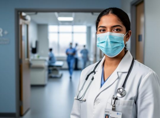 International medical graduate physician in a hospital corridor in Canada, wearing a lab coat and mask, shown in sharp focus with a blurred clinic background.