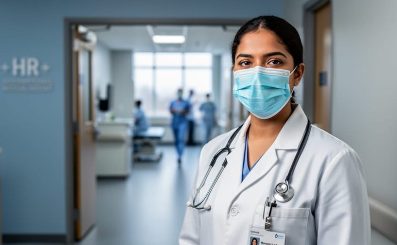 International medical graduate physician in a hospital corridor in Canada, wearing a lab coat and mask, shown in sharp focus with a blurred clinic background.