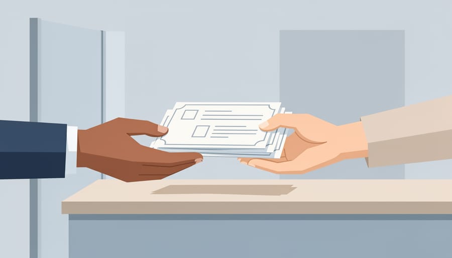 Multiple hands exchanging blank documentation folders at a clinic reception counter