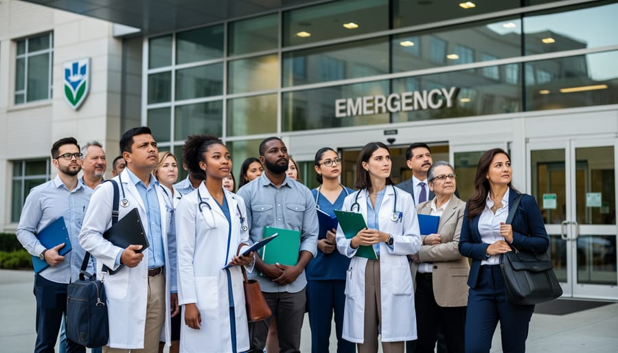 Diverse international medical graduates standing outside a hospital entrance in Canada