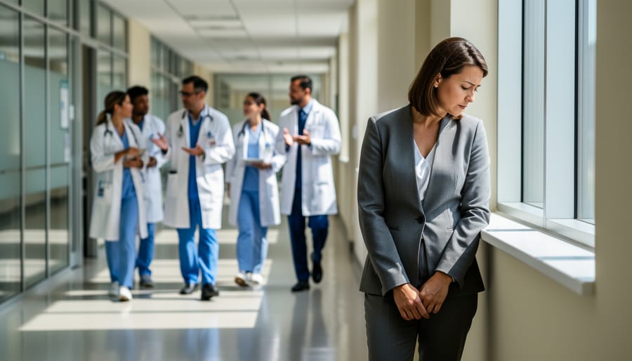 International medical graduate physician in a hospital hallway appearing sidelined as others pass