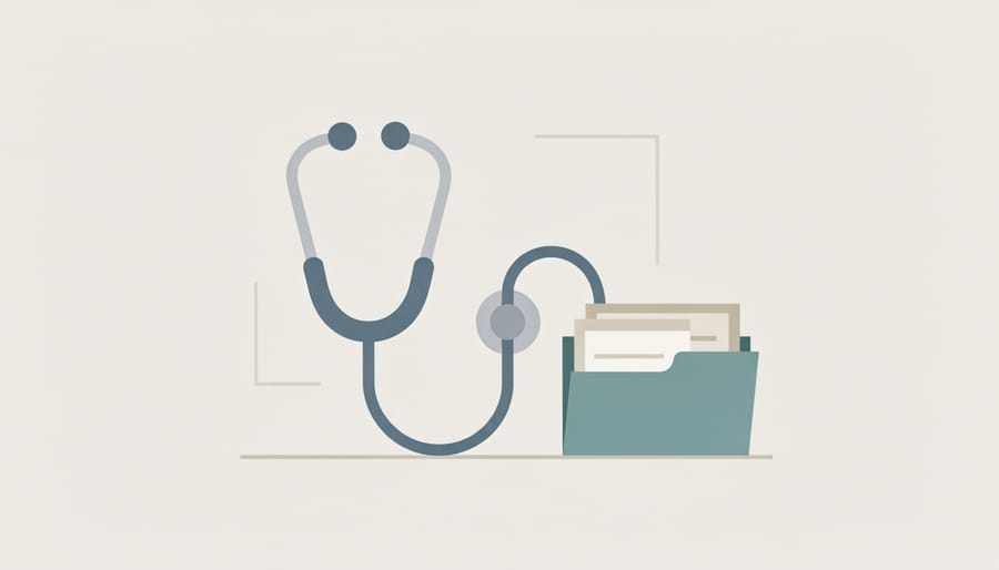 Stethoscope and credential folder next to a passport on a clinician desk